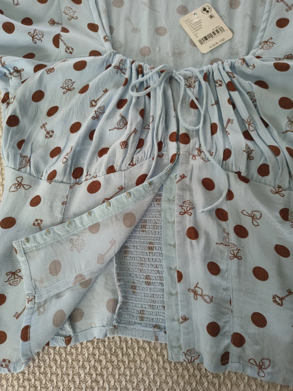 Free People Light Blue Polka Dot Tie-Front Puff Sleeve Top